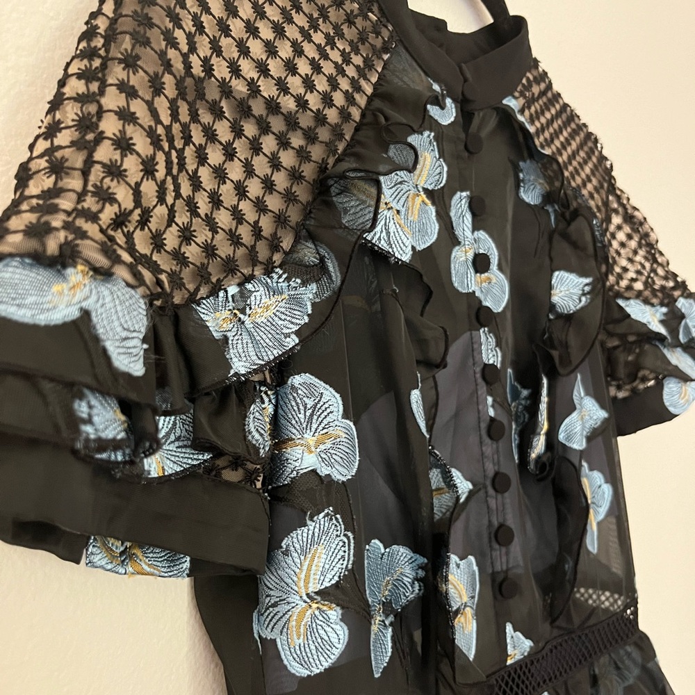 Self-Portrait Black & Blue Floral Fil Coupe Cape Detail Tiered Midi Dress 6 - Picture 8 of 14